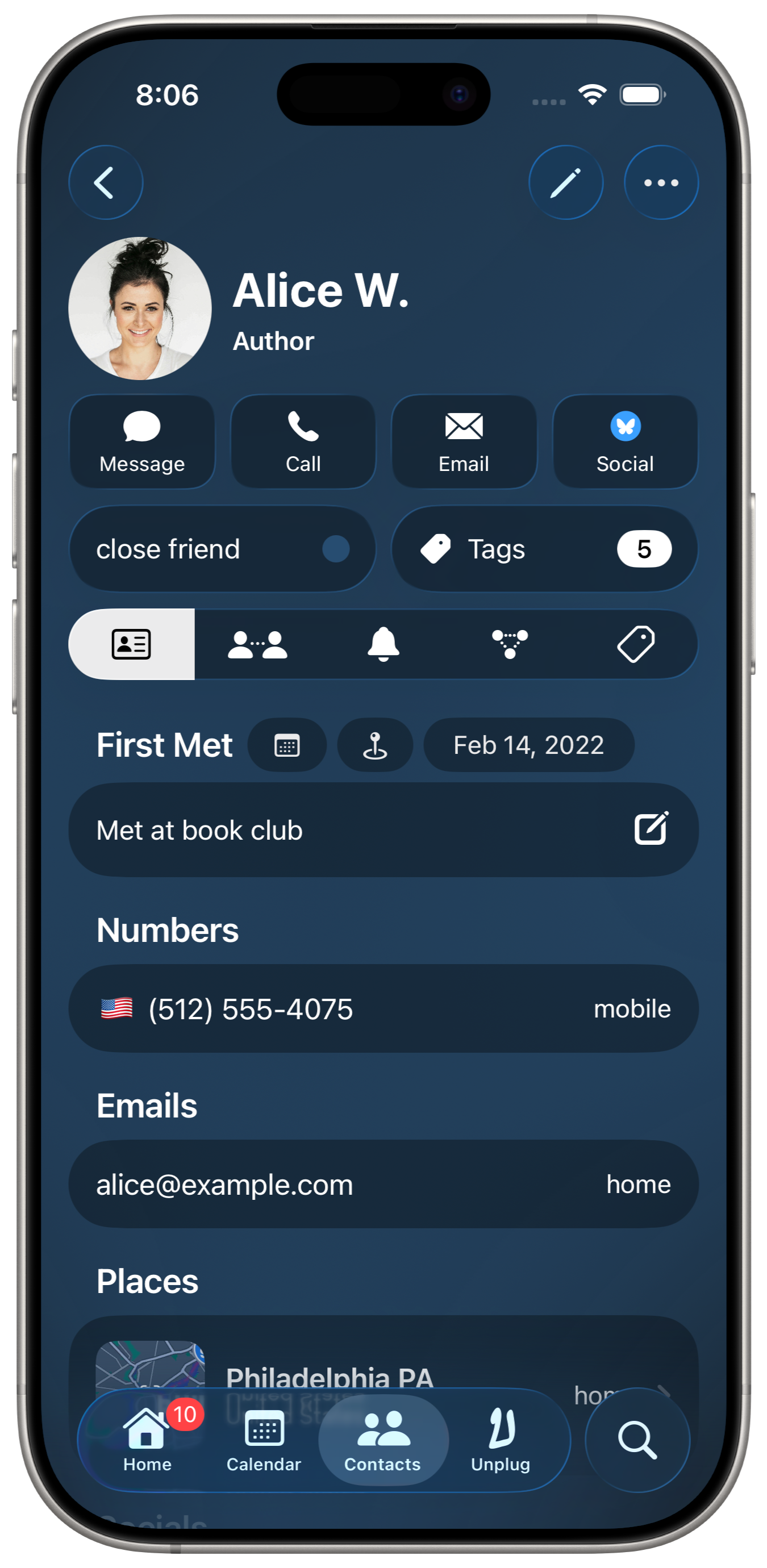 Dextr contact profile on iPhone